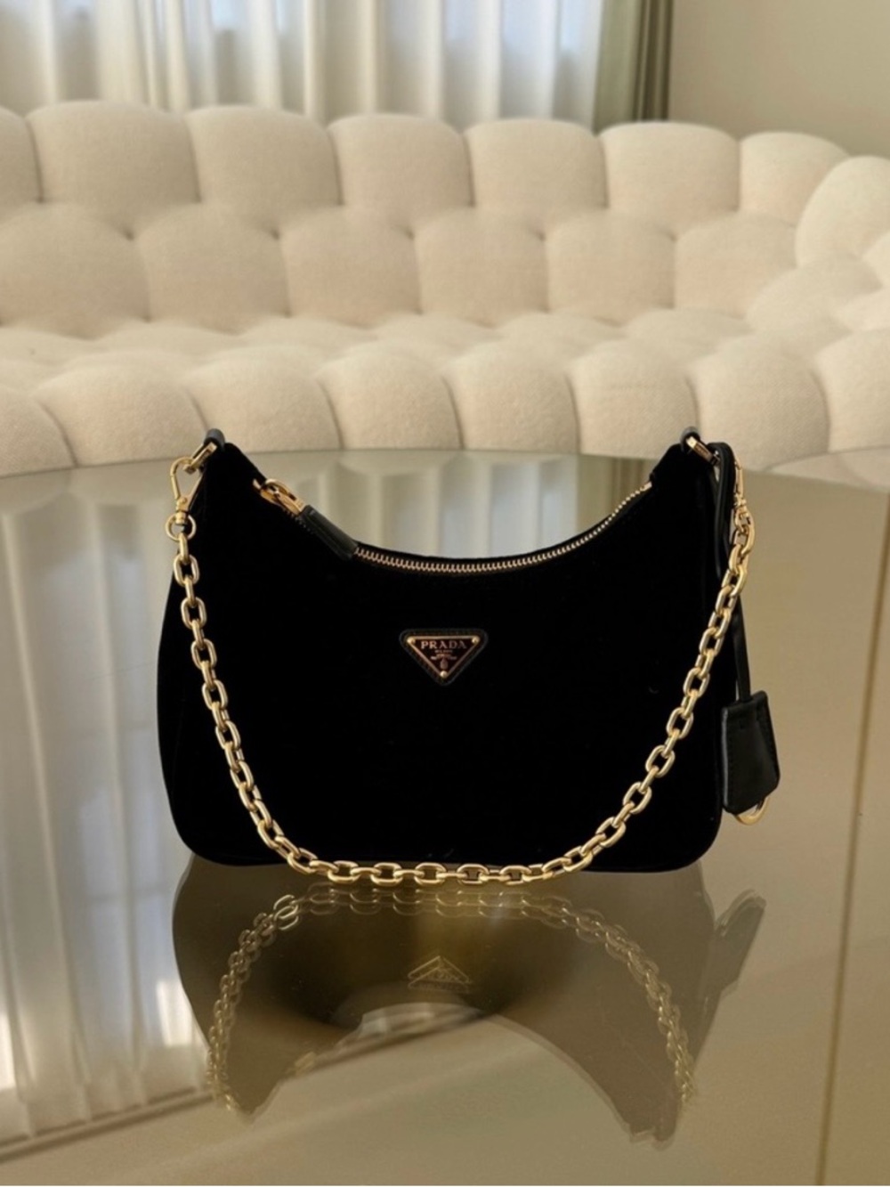 Prada Black Velvet Shoulder Bag with Gold Chain - Picture 6 of 8